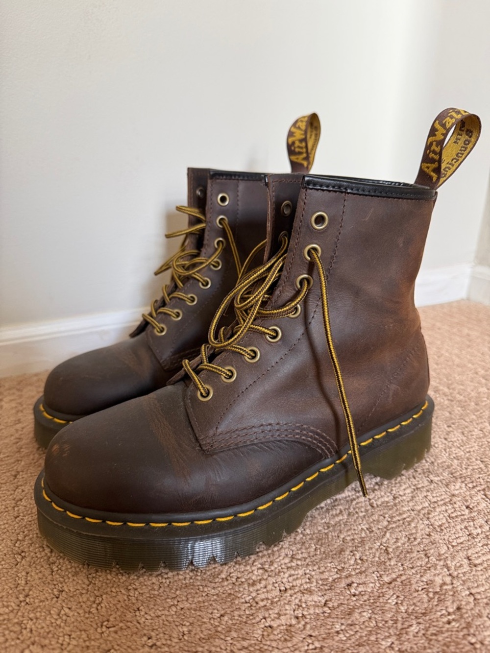 Dr. Martens Dark Brown Leather 8-Eye Lace-Up Boots with Yellow Accents